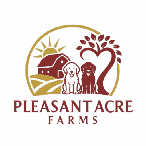 Pleasant Acre Farms logo with two dogs, red barn, sunrise, and heart-shaped tree symbolizing a pet-friendly farm and countryside lifestyle.